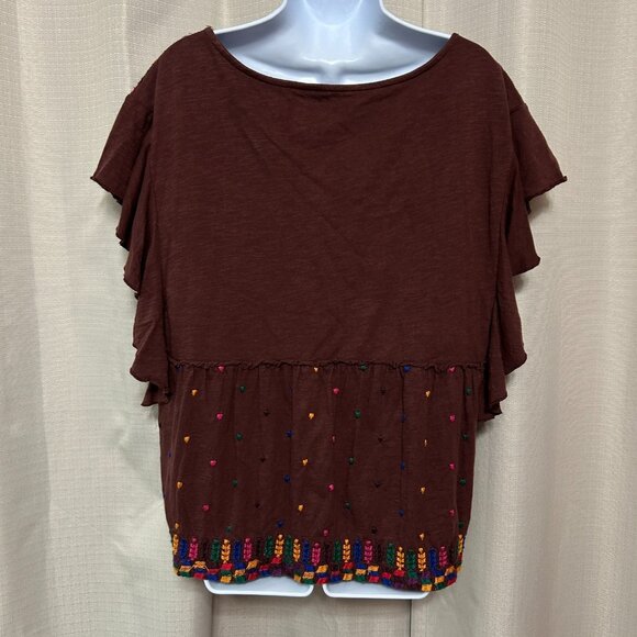 By Anthropologie Flutter Sleeve V-Neck Embroidered Top Women's Size L Maroon - Picture 2 of 9